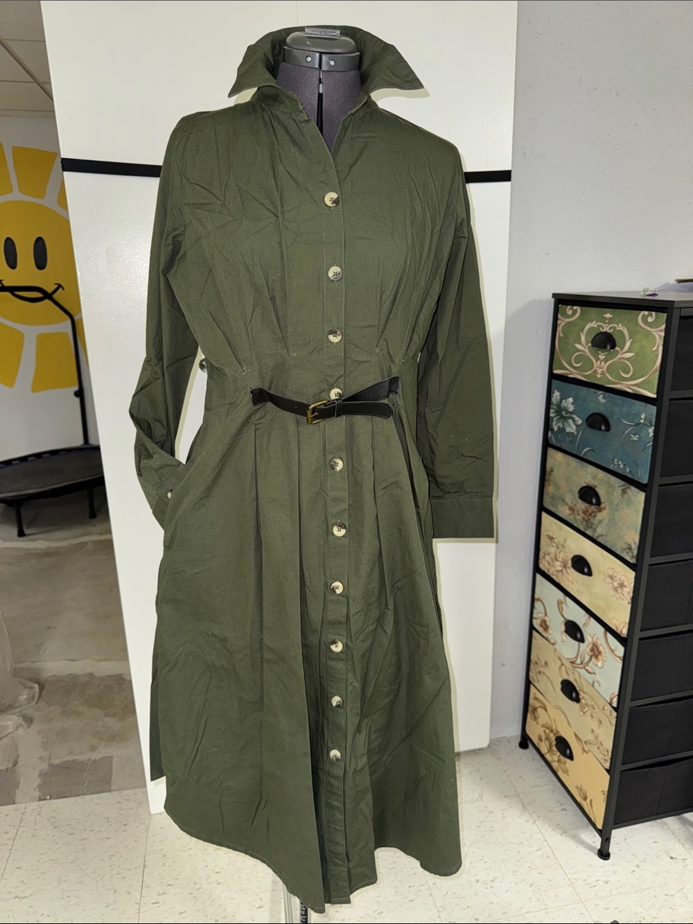 London Times Olive Green Button-Front Midi Shirt Dress with Black Belt